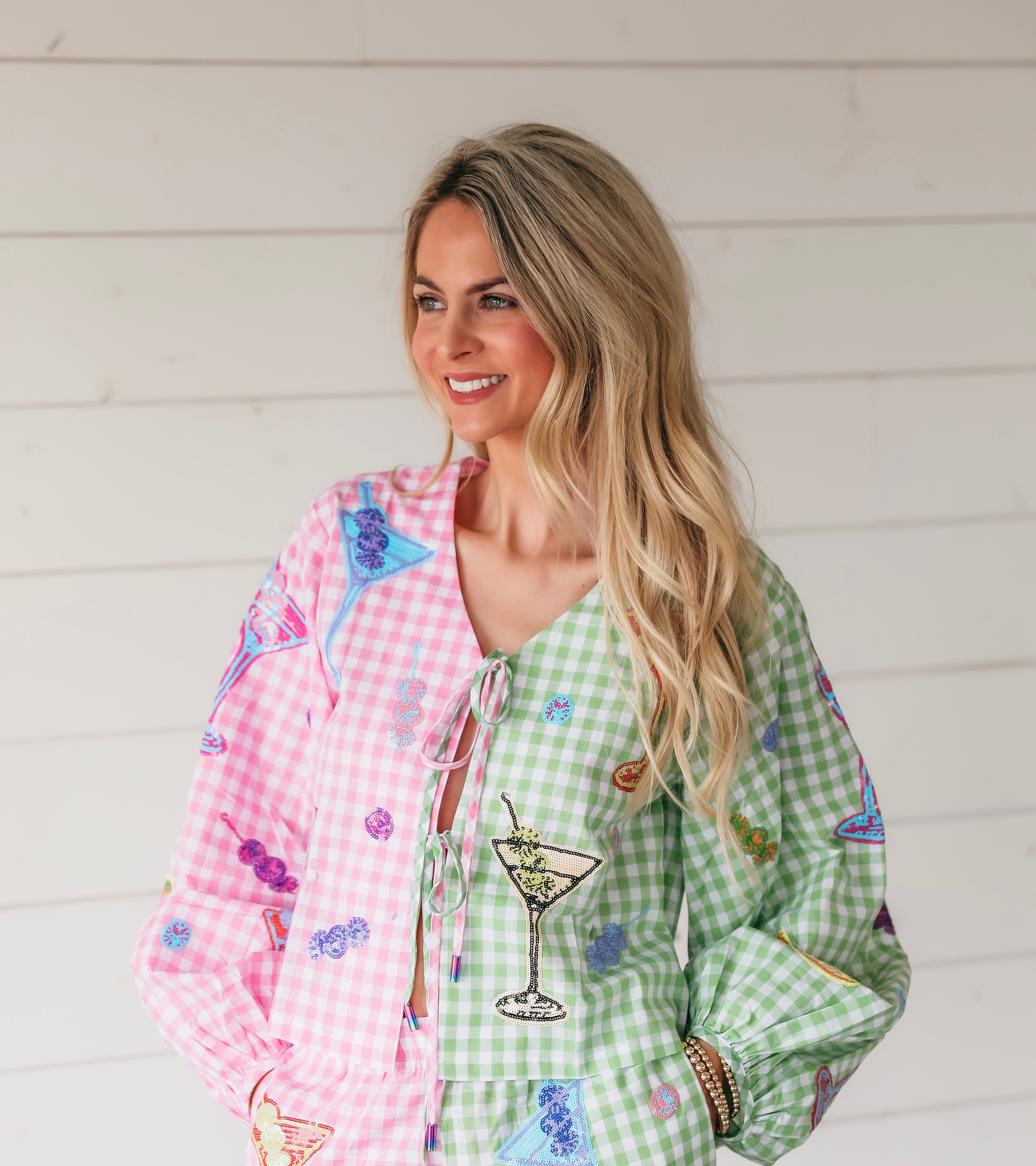 QUEEN OF SPARKLES GINGHAM MARTINI TIE FROM TOP - Tops