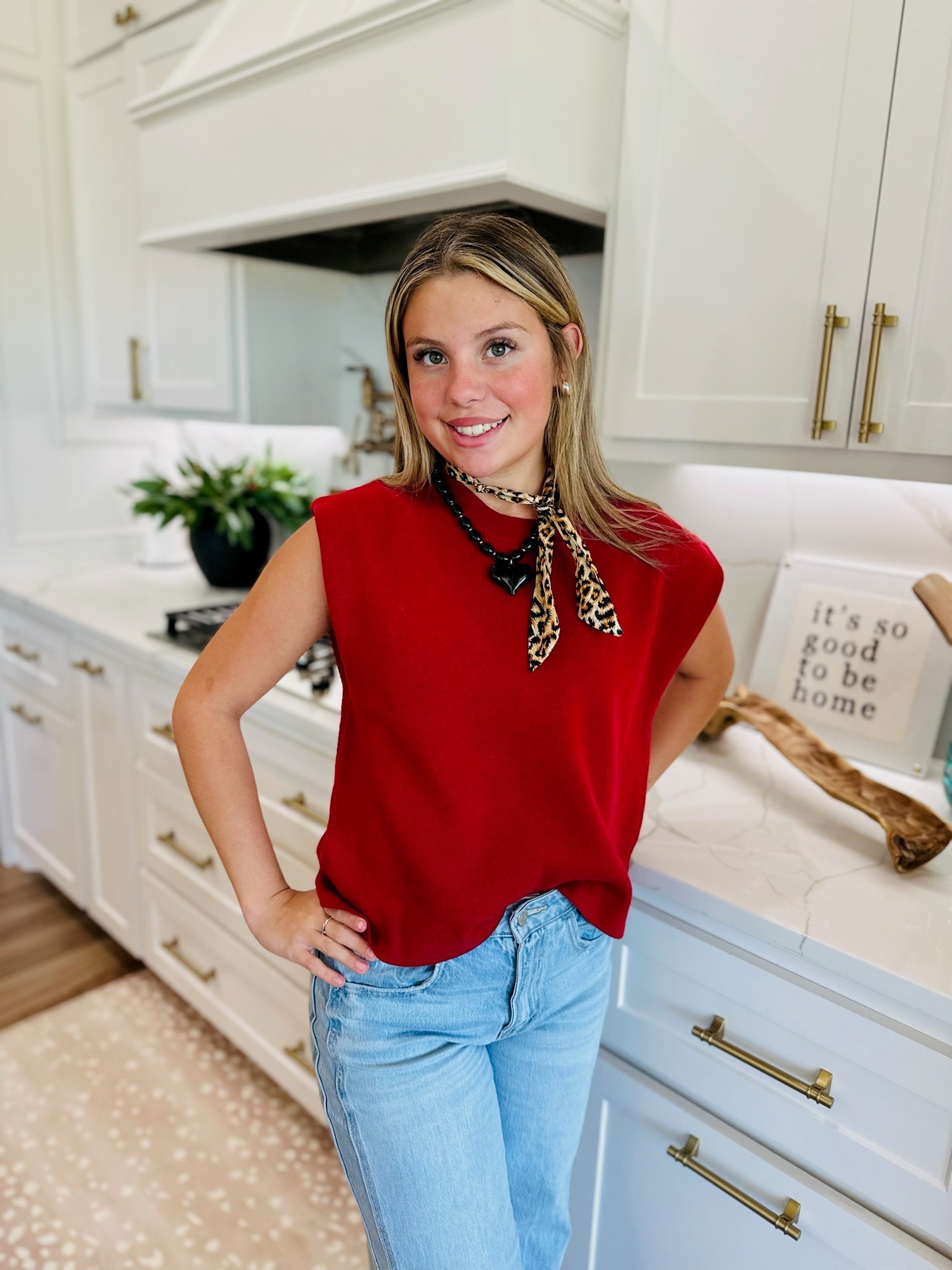 CRIMSON ROUND NECK CAP SLEEVE SWEATER - Tops