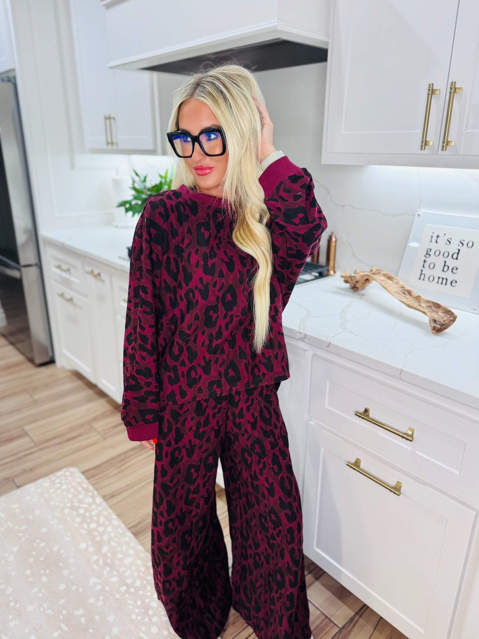 DAVI & DANI BURGUNDY LEOPARD LOOP TERRY PANT SET - SET