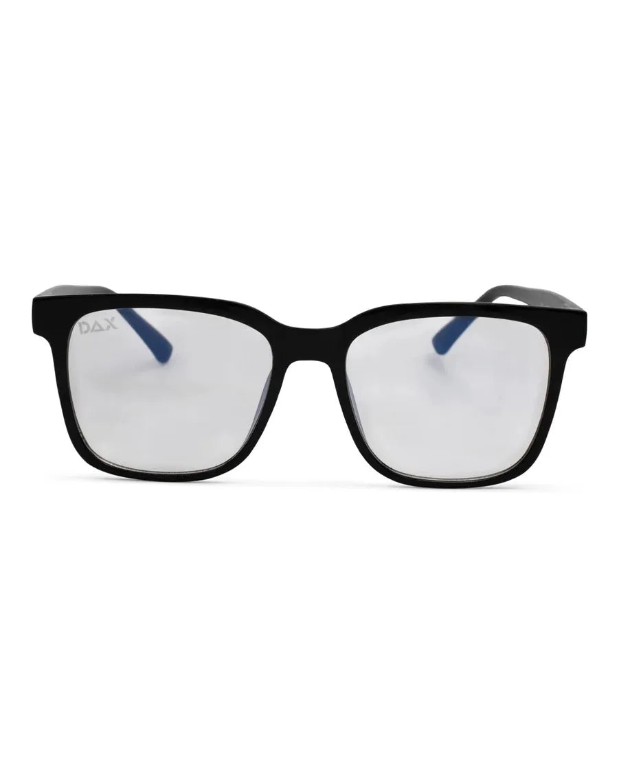 DAX Spruce blue light blocking glasses featuring large, modern black frames and clear lenses. Visible DAX logo on left arm.