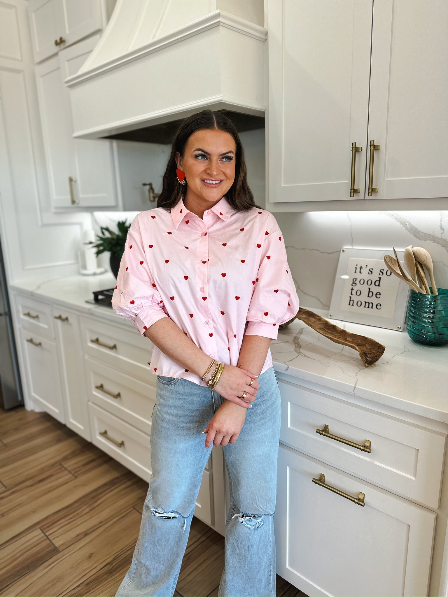 DAY + MOON PINK VALENTINES HEART EMBROIDERED BUTTON DOWN SHIRT - Tops