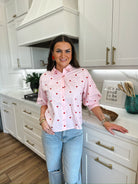 DAY + MOON PINK VALENTINES HEART EMBROIDERED BUTTON DOWN SHIRT - Tops