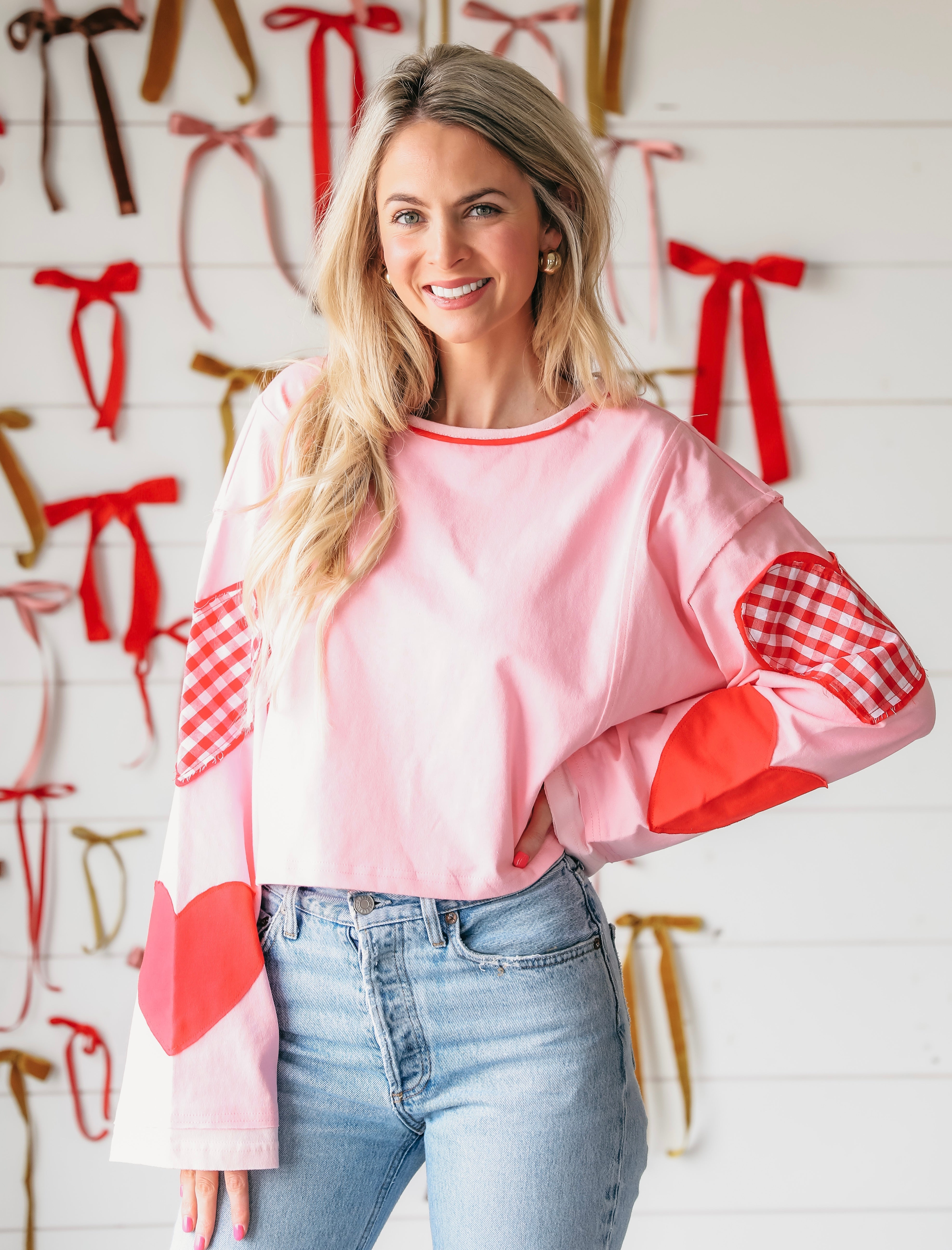 DAY AND MOON PINK LONG SLEEVE SHIRT WITH RED PATCHWORK HEARTS ON THE SLEEVE - Tops
