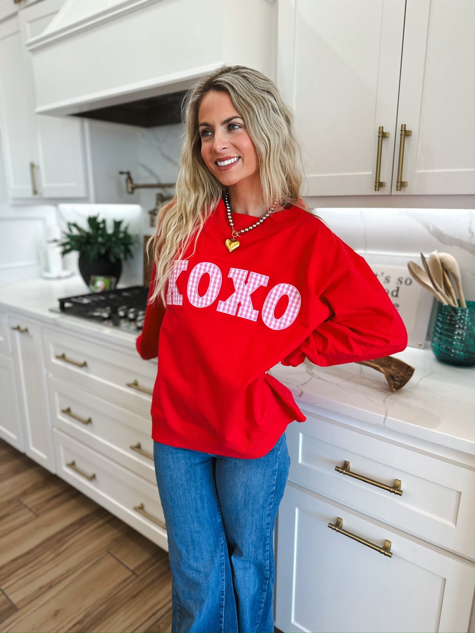 RED MOCK NECK TOP W/PINK GINGHAM XOXO PATCHWORK - SWEATSHIRT