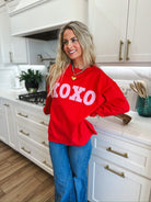 RED MOCK NECK TOP W/PINK GINGHAM XOXO PATCHWORK - SWEATSHIRT