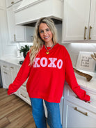 RED MOCK NECK TOP W/PINK GINGHAM XOXO PATCHWORK - SWEATSHIRT