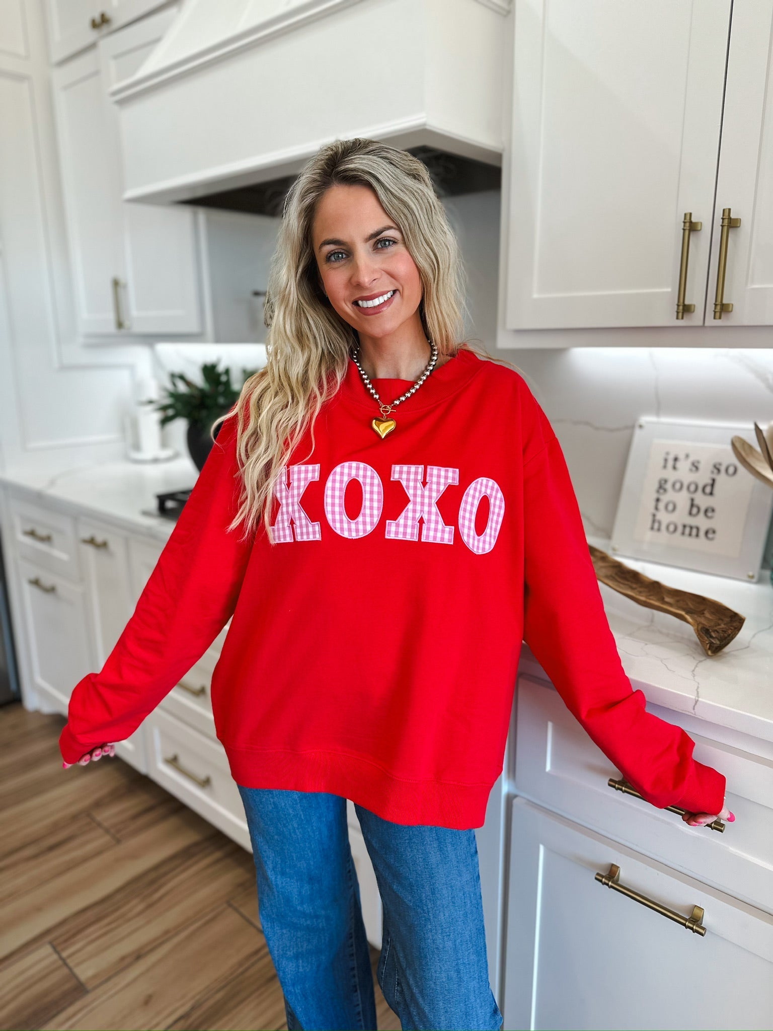 RED MOCK NECK TOP W/PINK GINGHAM XOXO PATCHWORK - SWEATSHIRT