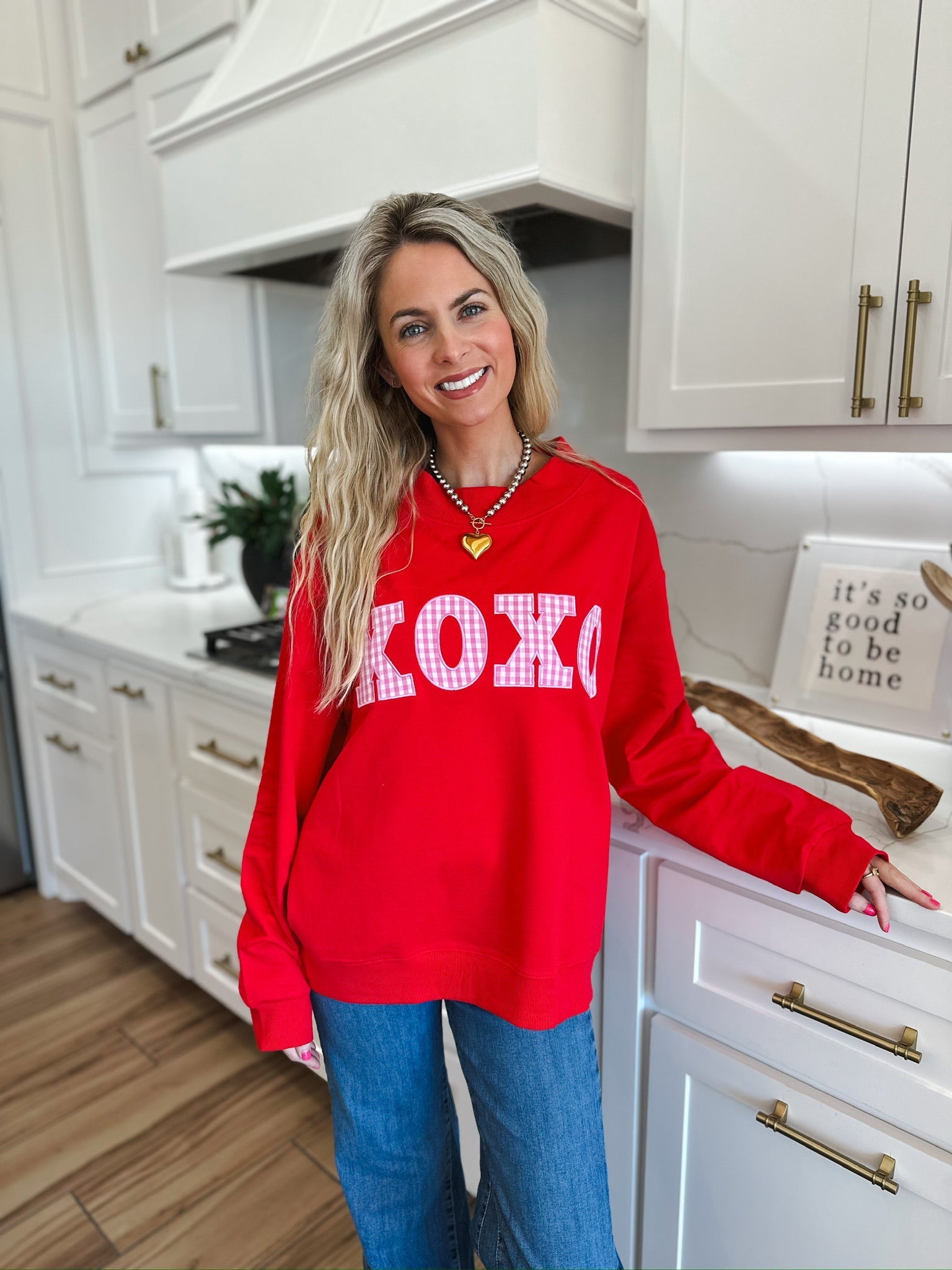 RED MOCK NECK TOP W/PINK GINGHAM XOXO PATCHWORK - SWEATSHIRT