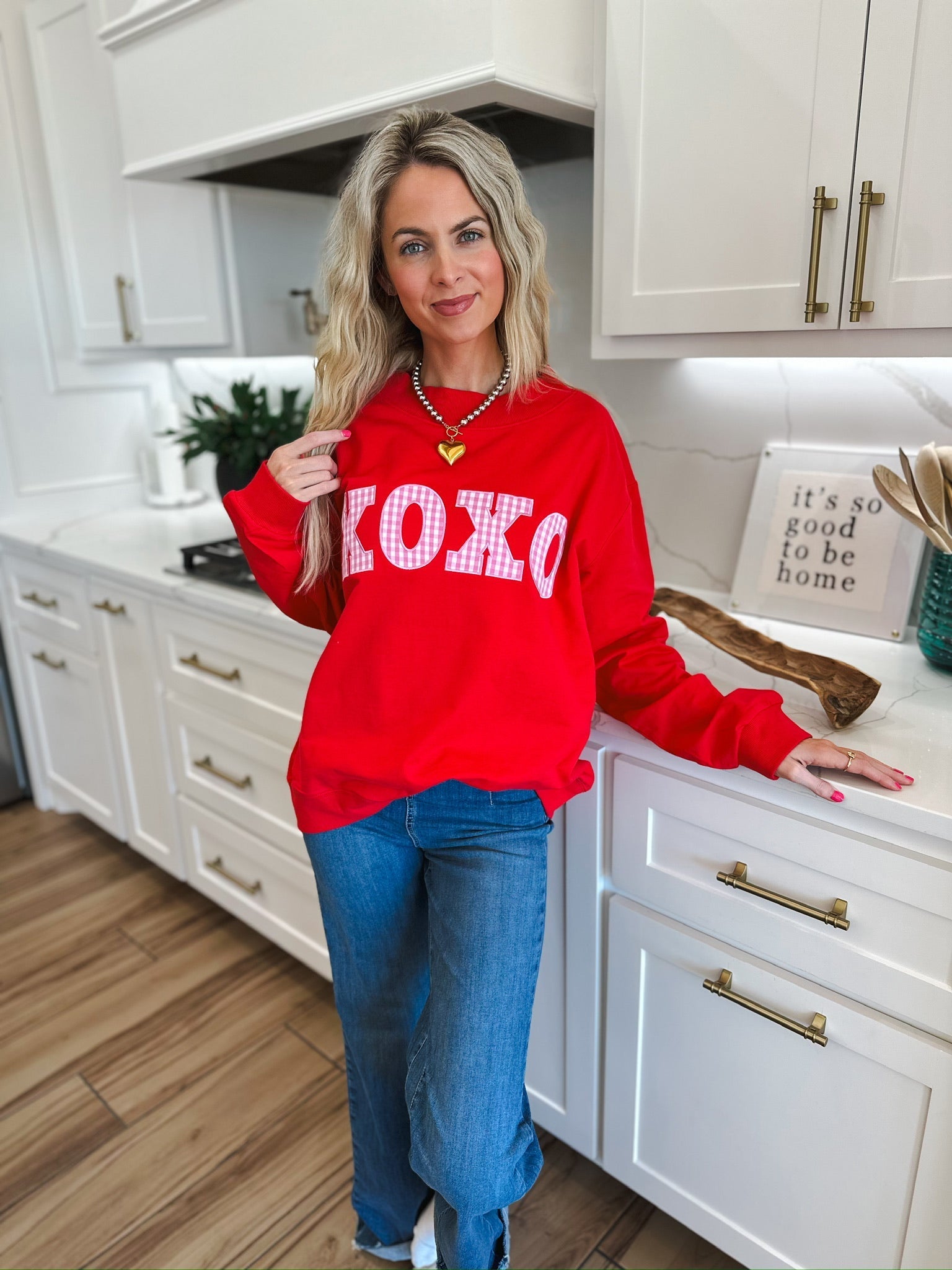 RED MOCK NECK TOP W/PINK GINGHAM XOXO PATCHWORK - SWEATSHIRT