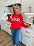 RED MOCK NECK TOP W/PINK GINGHAM XOXO PATCHWORK - SWEATSHIRT