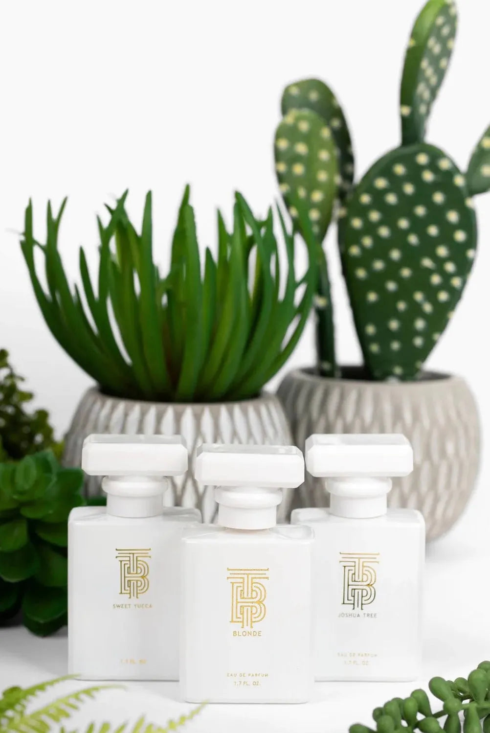 Three white Eau de Parfum bottles by Thomas Blonde with gold logos. "Sweet Yucca", "Blonde", and "Joshua Tree" scents