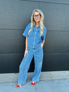 DENIM BUTTON DOWN COLLARED TOP AND CARGO PANTS SET - SET