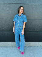 DENIM BUTTON DOWN COLLARED TOP AND CARGO PANTS SET - SET