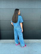 DENIM BUTTON DOWN COLLARED TOP AND CARGO PANTS SET - SET