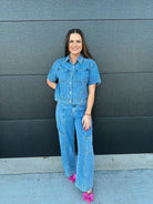 DENIM BUTTON DOWN COLLARED TOP AND CARGO PANTS SET - SET