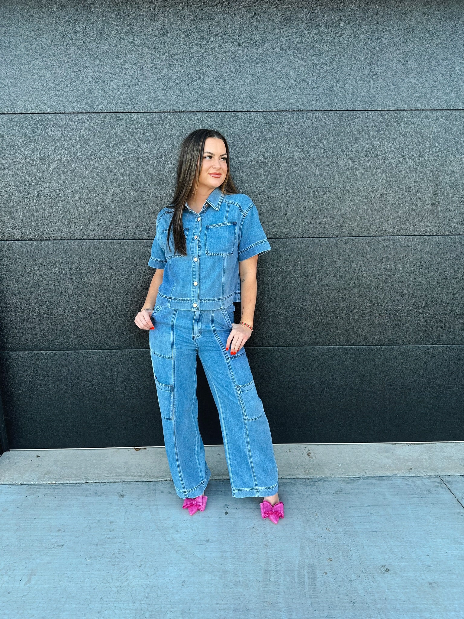 DENIM BUTTON DOWN COLLARED TOP AND CARGO PANTS SET - SET