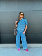 DENIM BUTTON DOWN COLLARED TOP AND CARGO PANTS SET - SET