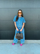 DENIM BUTTON DOWN COLLARED TOP AND CARGO PANTS SET - SET