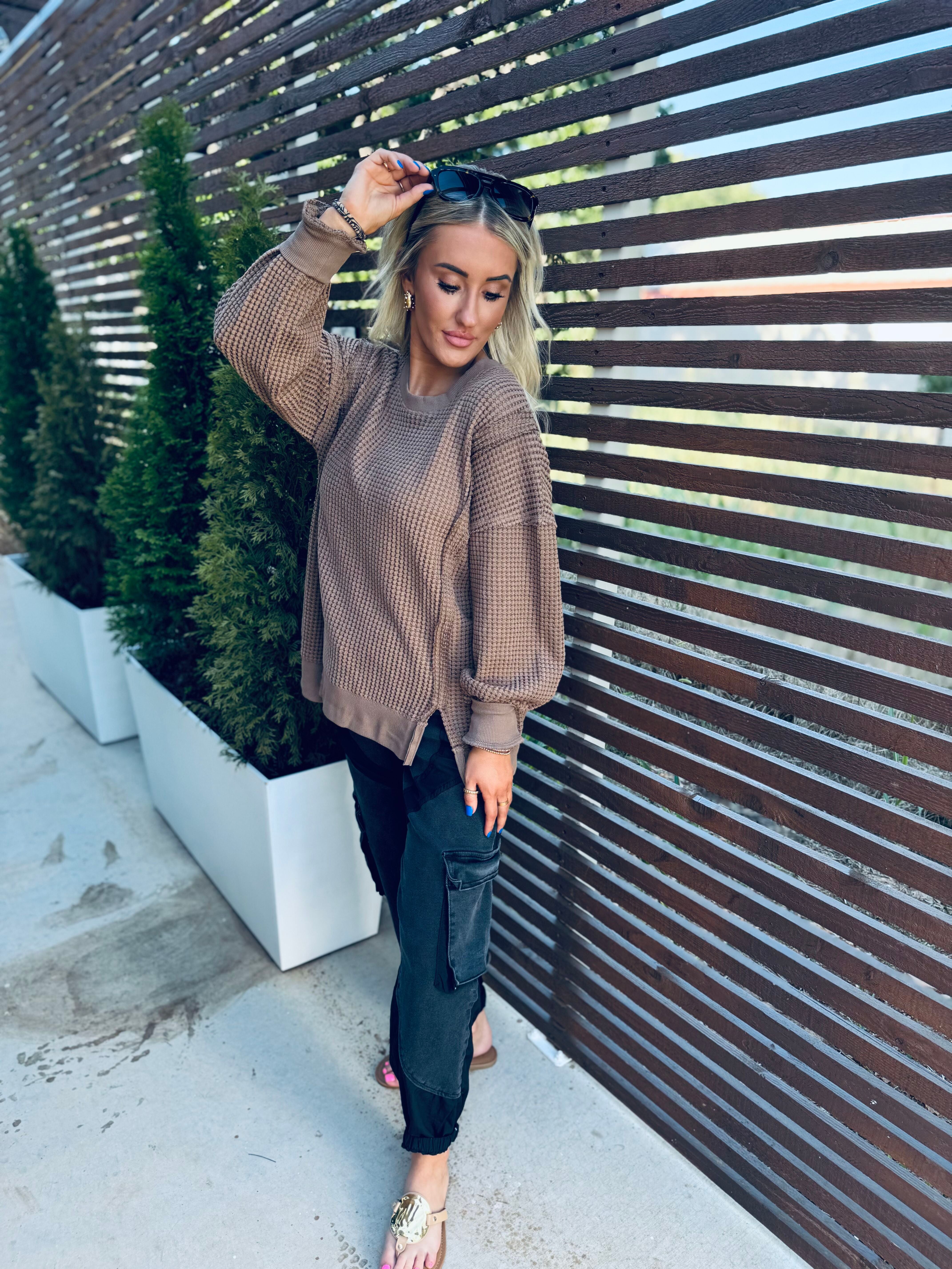 TAUPE OVERSIZED WAFFLE KNIT CASUAL TOP - Tops