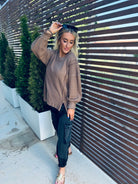 TAUPE OVERSIZED WAFFLE KNIT CASUAL TOP - Tops