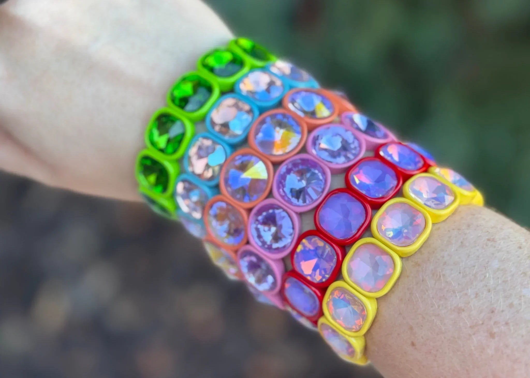 Close-up view of the Elise Beaded Bracelet showcasing its unique blend of enamel and stone, perfect for both casual and formal outfits.