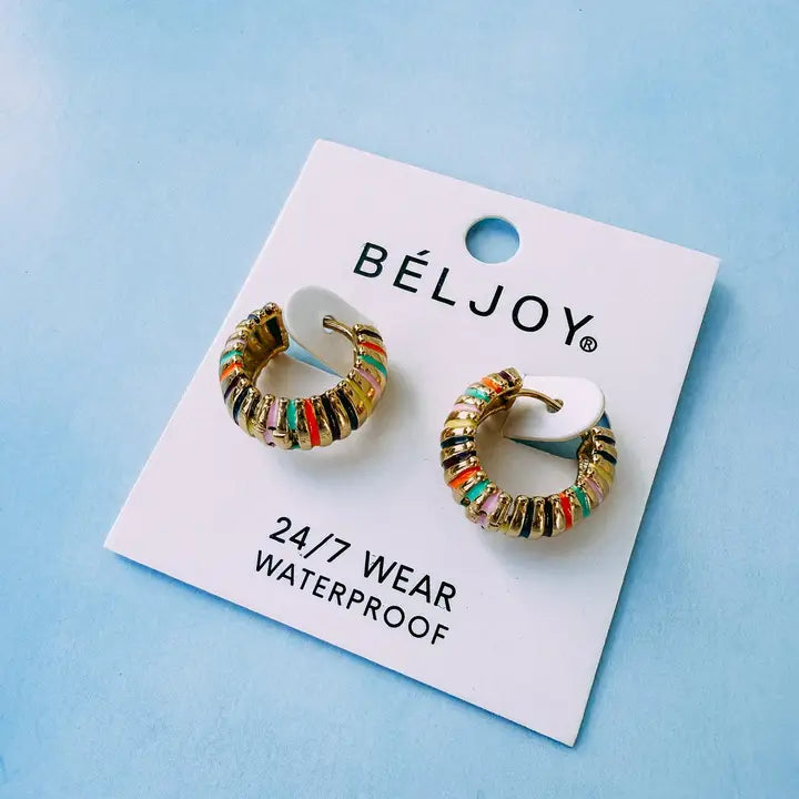 Colorful striped 18K gold plated hoop earrings, waterproof, BELJOY brand