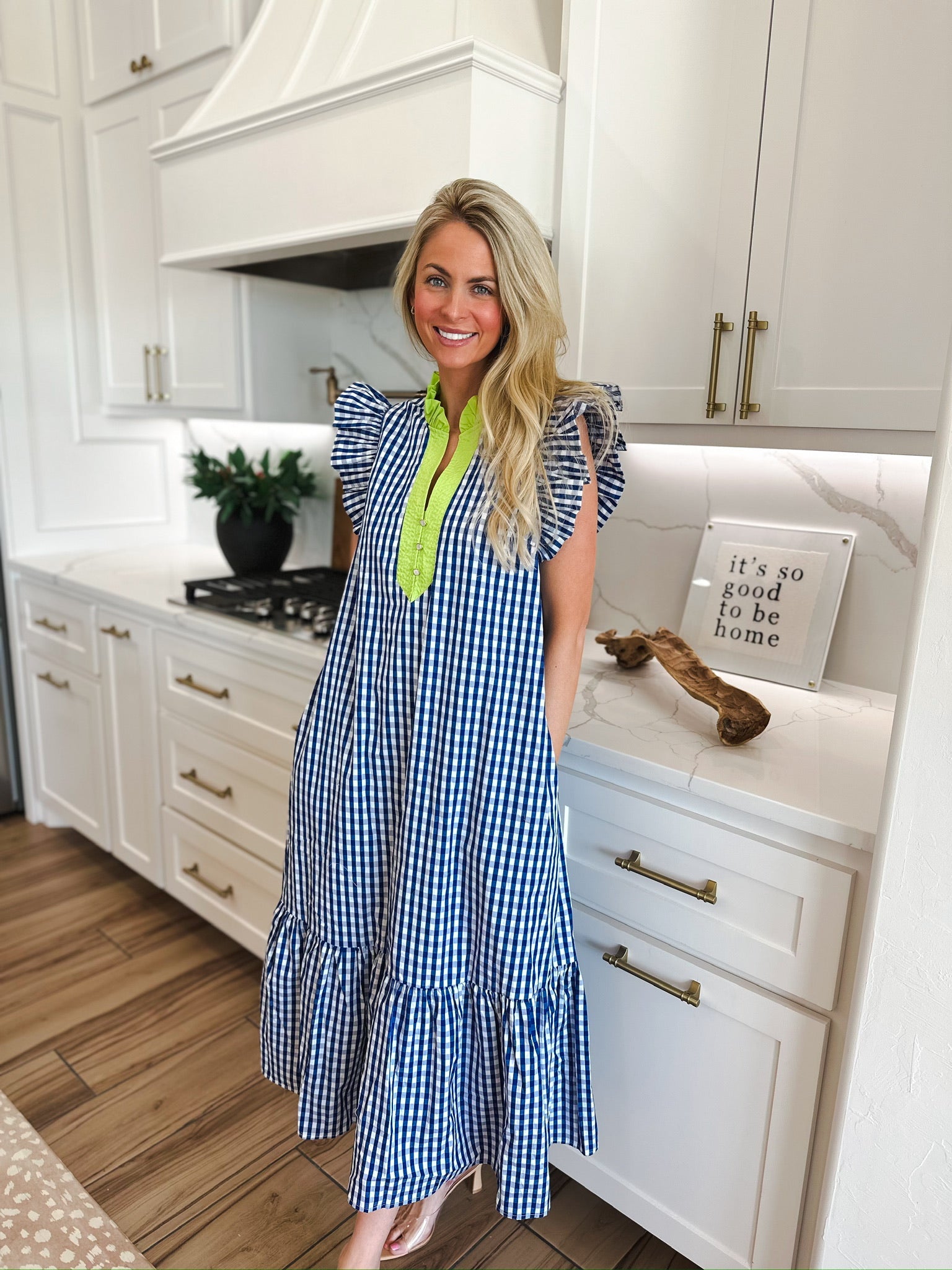 Entro Blue and White Gingham Cotton Midi Dress - Dress