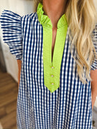 Entro Blue and White Gingham Cotton Midi Dress - Dress