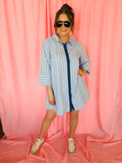 Entro Blue and White Striped Button Up Shirt Dress - Dress