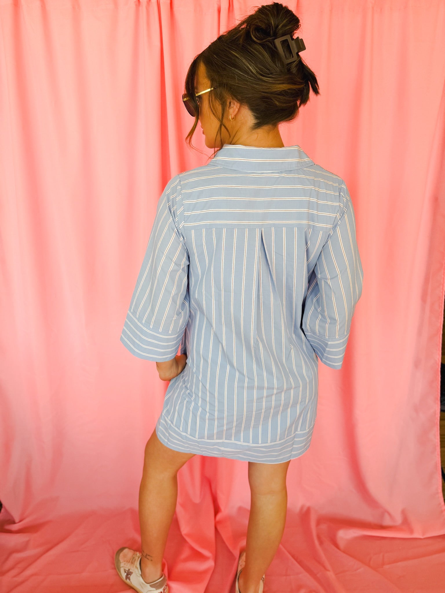 Entro Blue and White Striped Button Up Shirt Dress - Dress