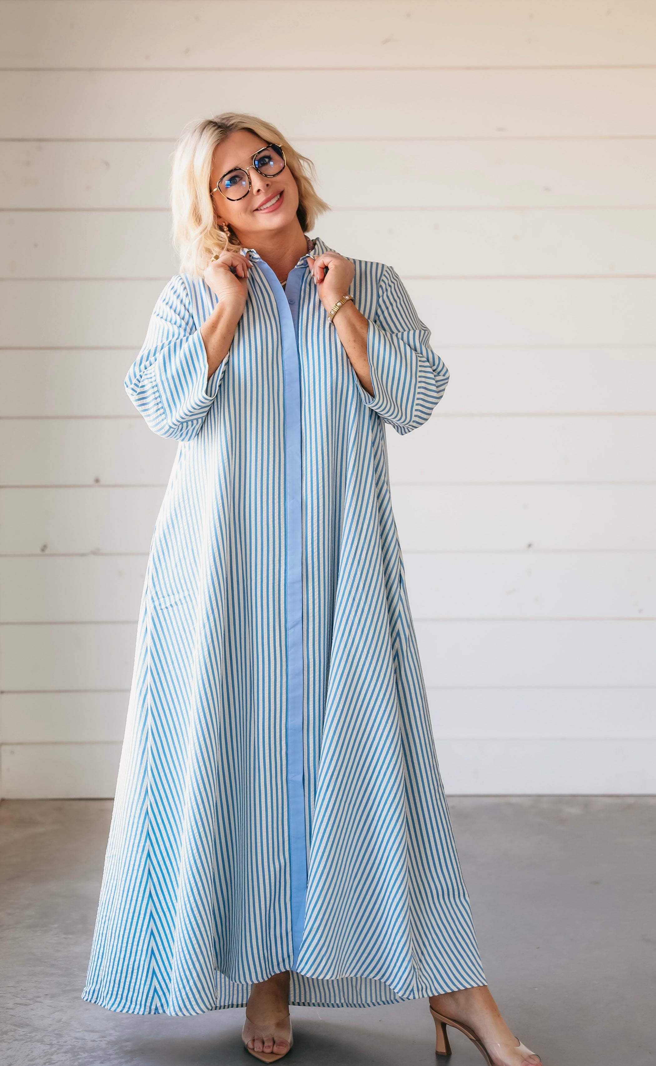 Blue and White Striped Maxi Dress - Dress