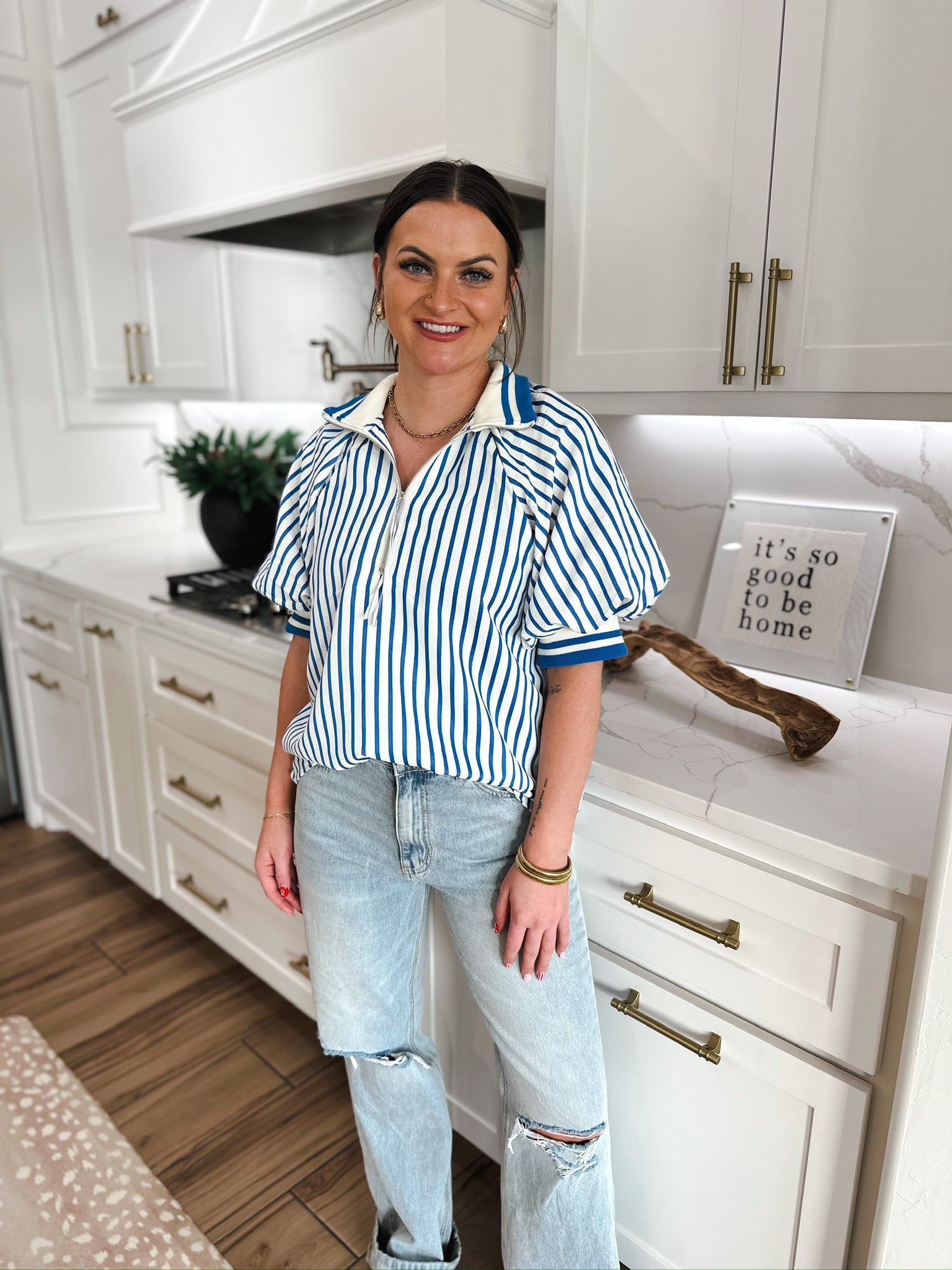 Entro Blue and White Striped Zip V Neck Top - Tops