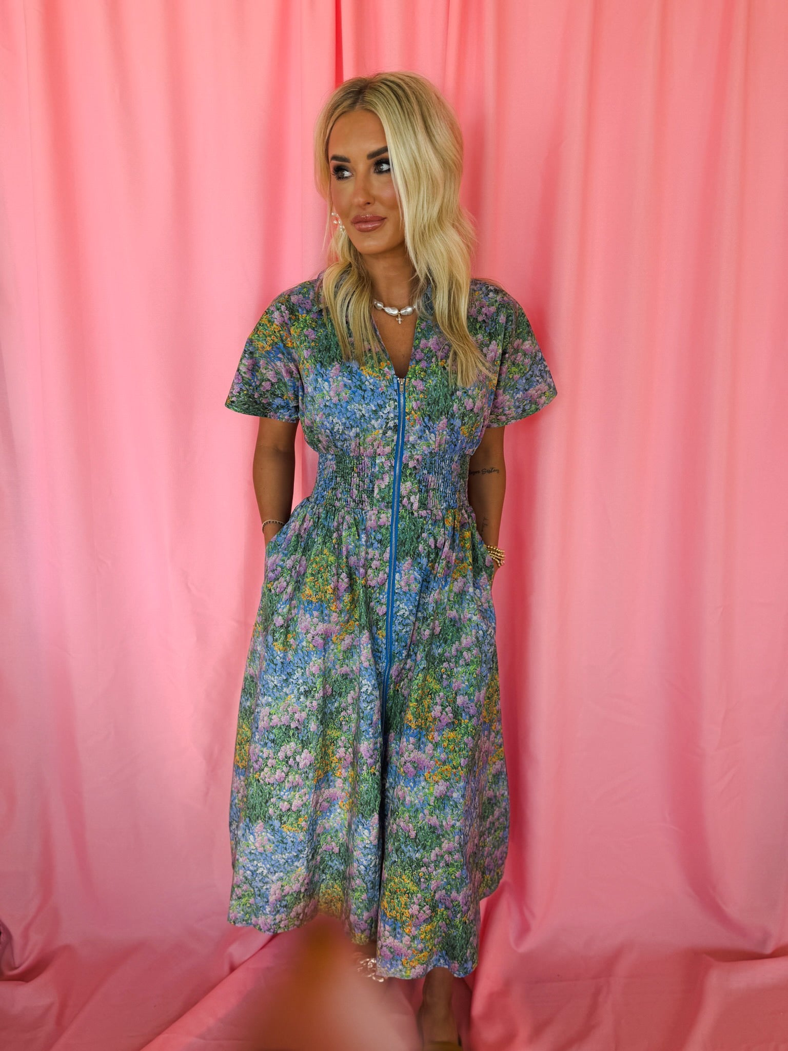 Entro Blue Floral Zip-Up Dress - Dress