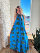 Entro Blue Palm Tie Neck Maxi Dress - Dress