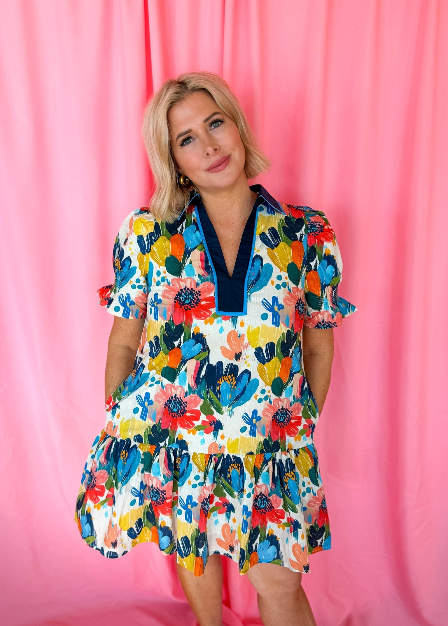 Entro Blue Spring Flower Puffer Sleeve Dress - Dress