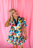 Entro Blue Spring Flower Puffer Sleeve Dress - Dress