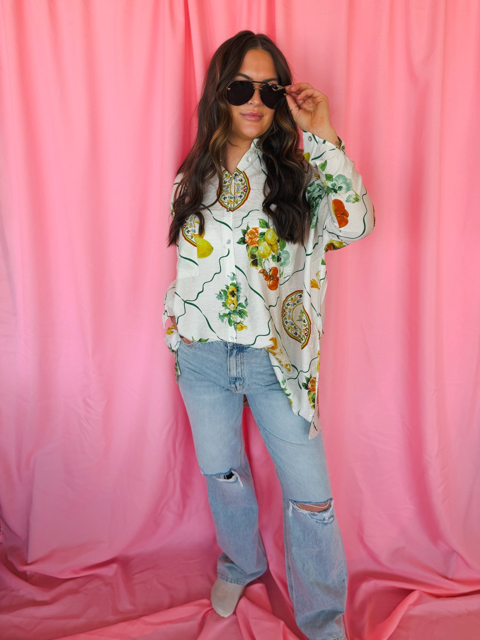 Entro Citrus Garden Button-Down Oversized Top - Tops