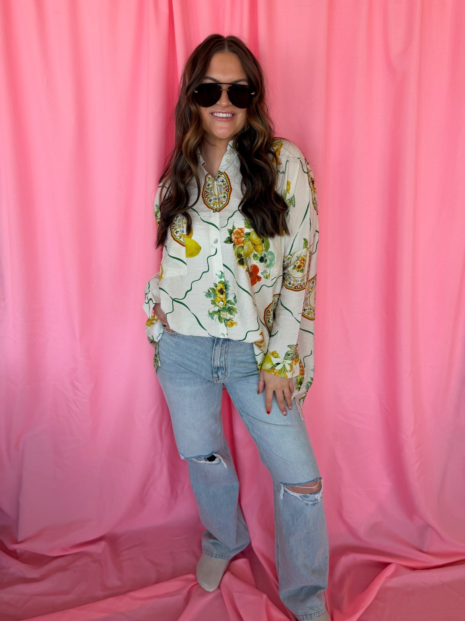 Entro Citrus Garden Button-Down Oversized Top - Tops