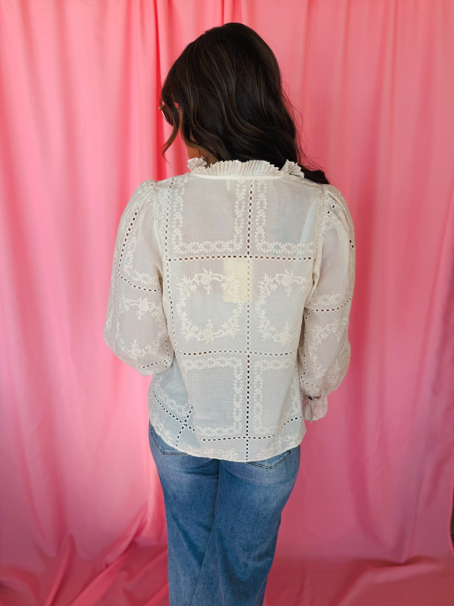 Entro Cream Eyelet Long Sleeve Blouse - Tops