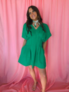 Entro Deep V-Neck Green Dress with Pockets - Dress