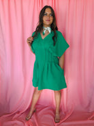Entro Deep V-Neck Green Dress with Pockets - Dress