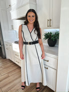 Entro Ecru Linen Blend Midi Dress with Black Trim - Dress