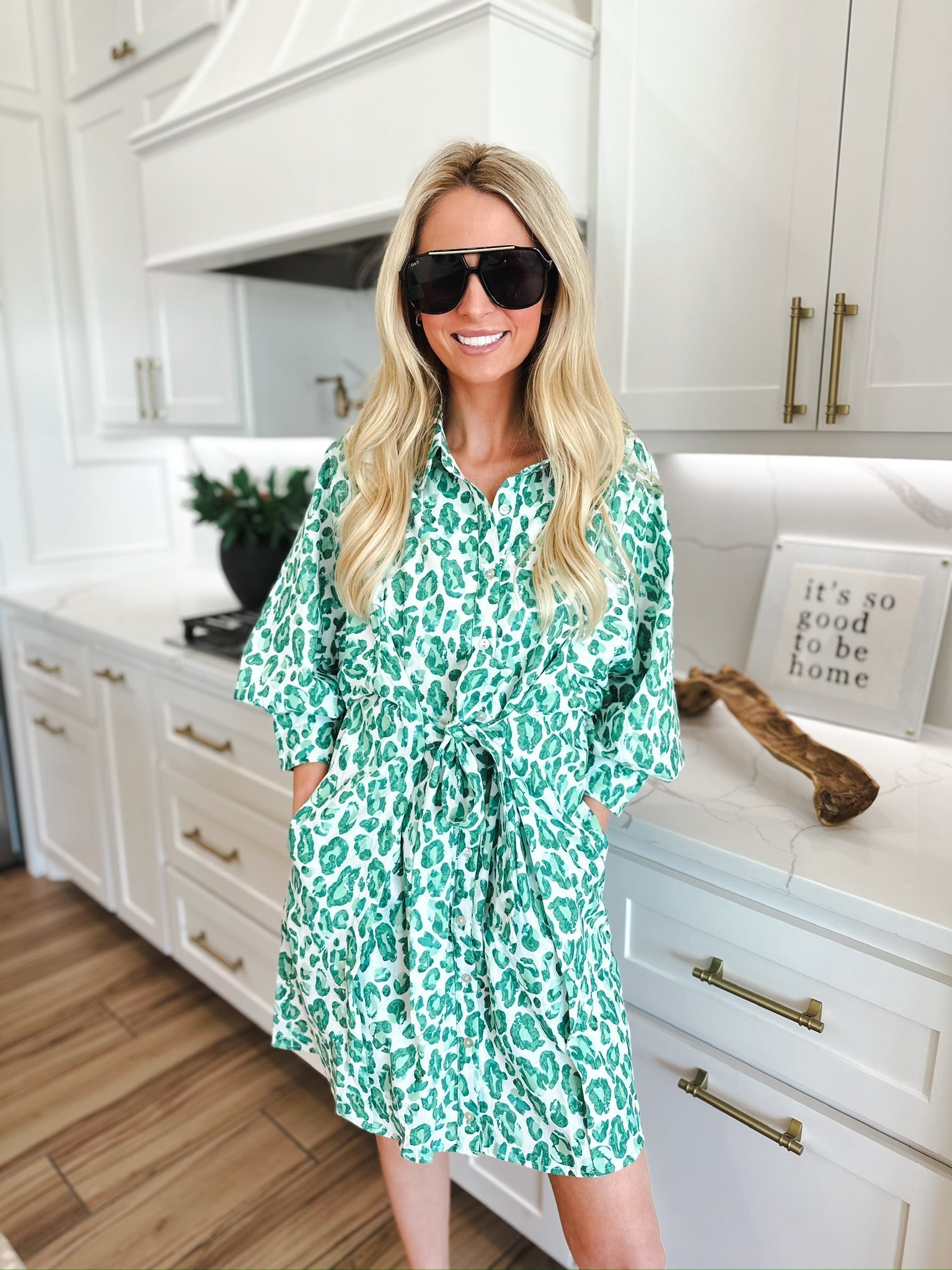 Green and White Leopard Print Button Down Dress - Dress