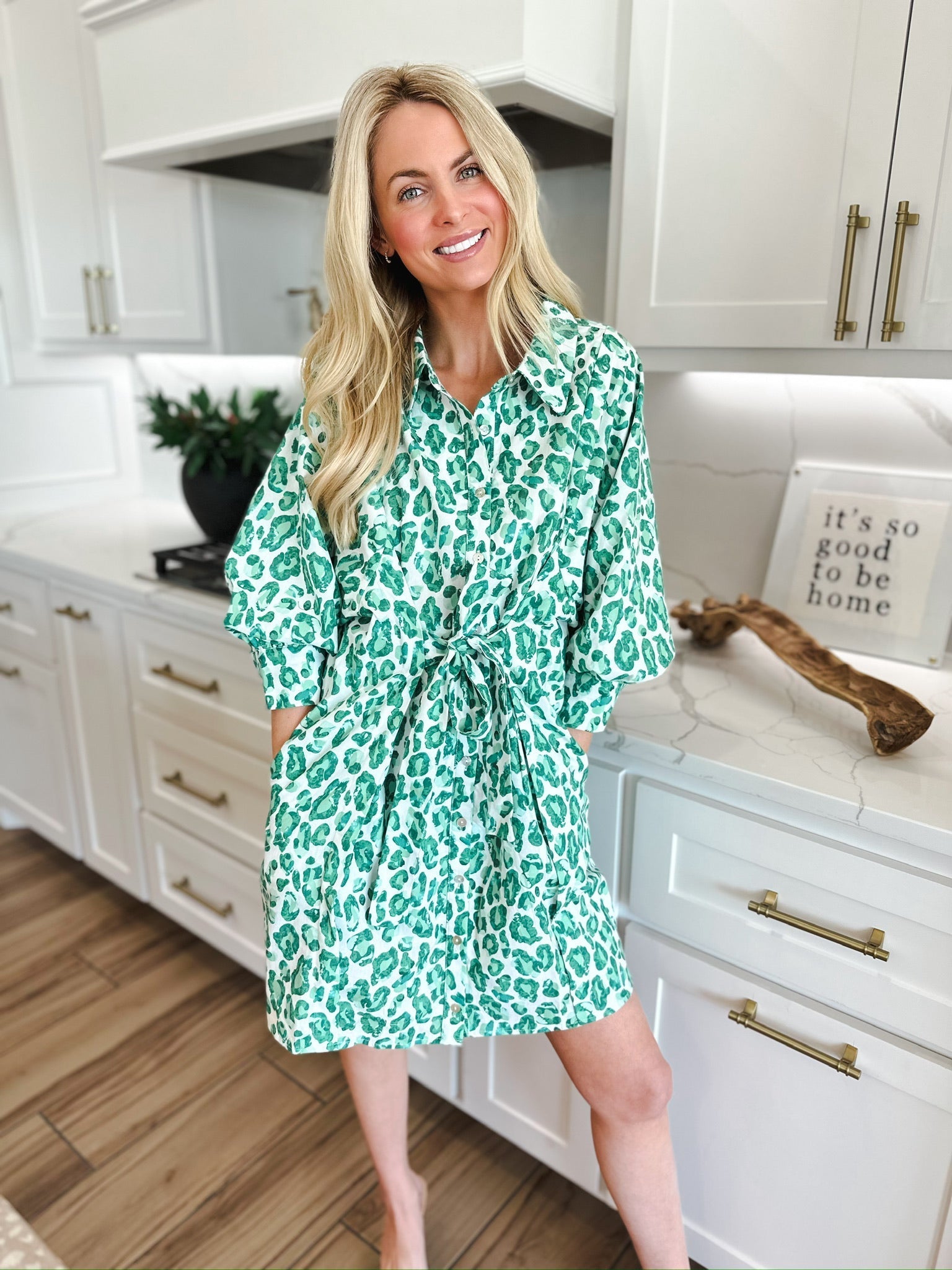 Green and White Leopard Print Button Down Dress - Dress