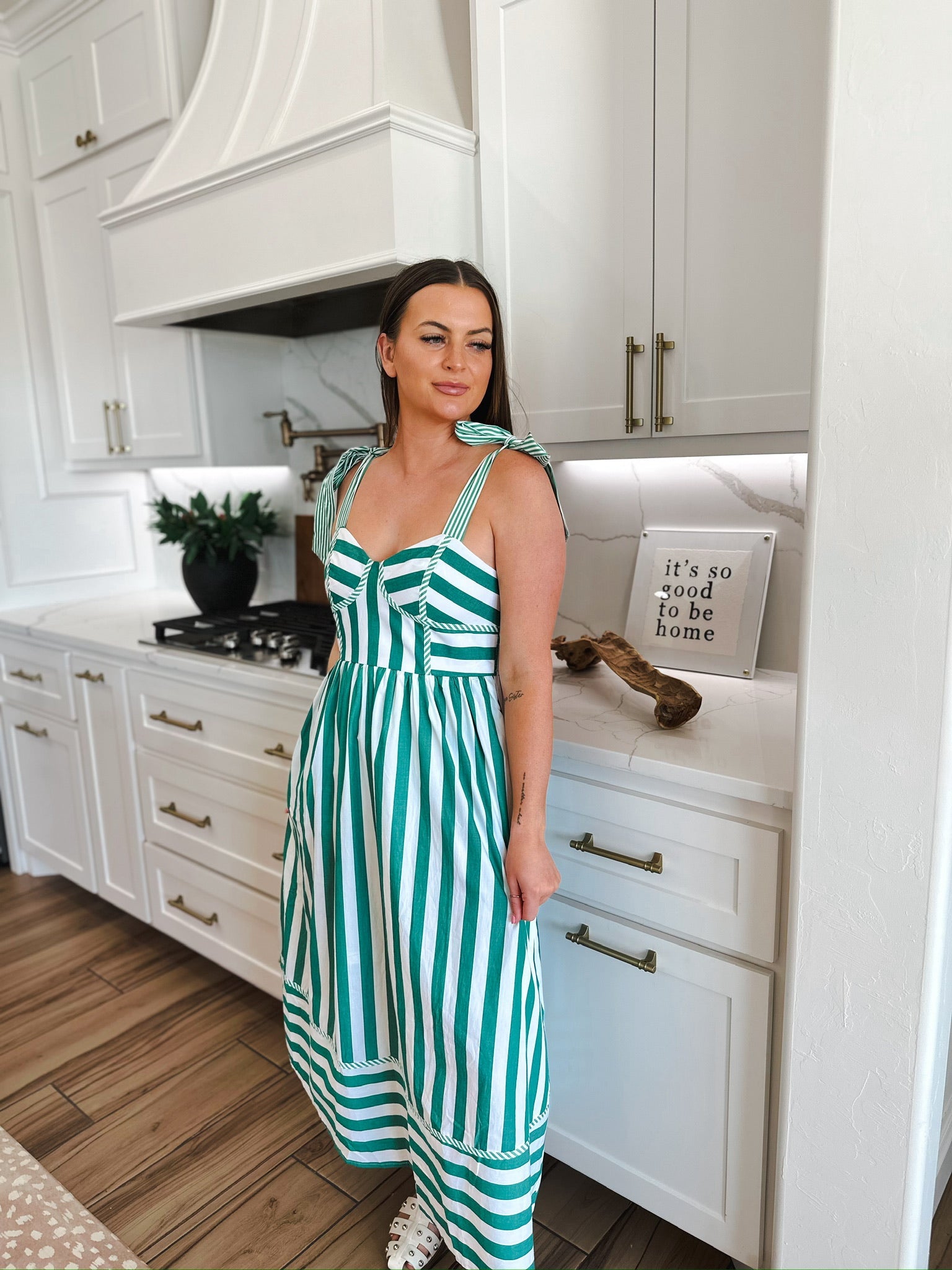 Entro Green and White Striped Tie Strap Midi Dress - Dress