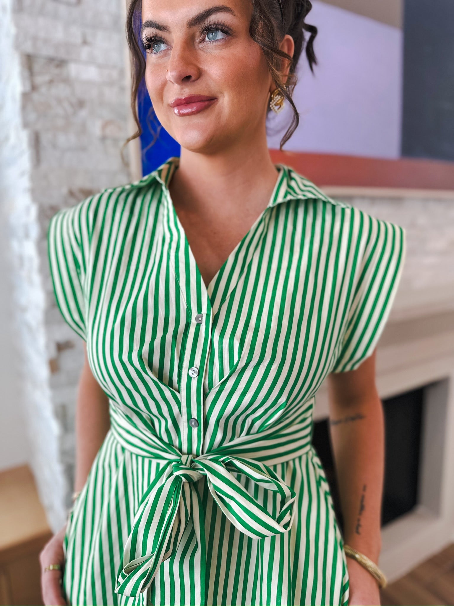 Entro Green & Cream Stripe Button Down Midi Dress - Dress