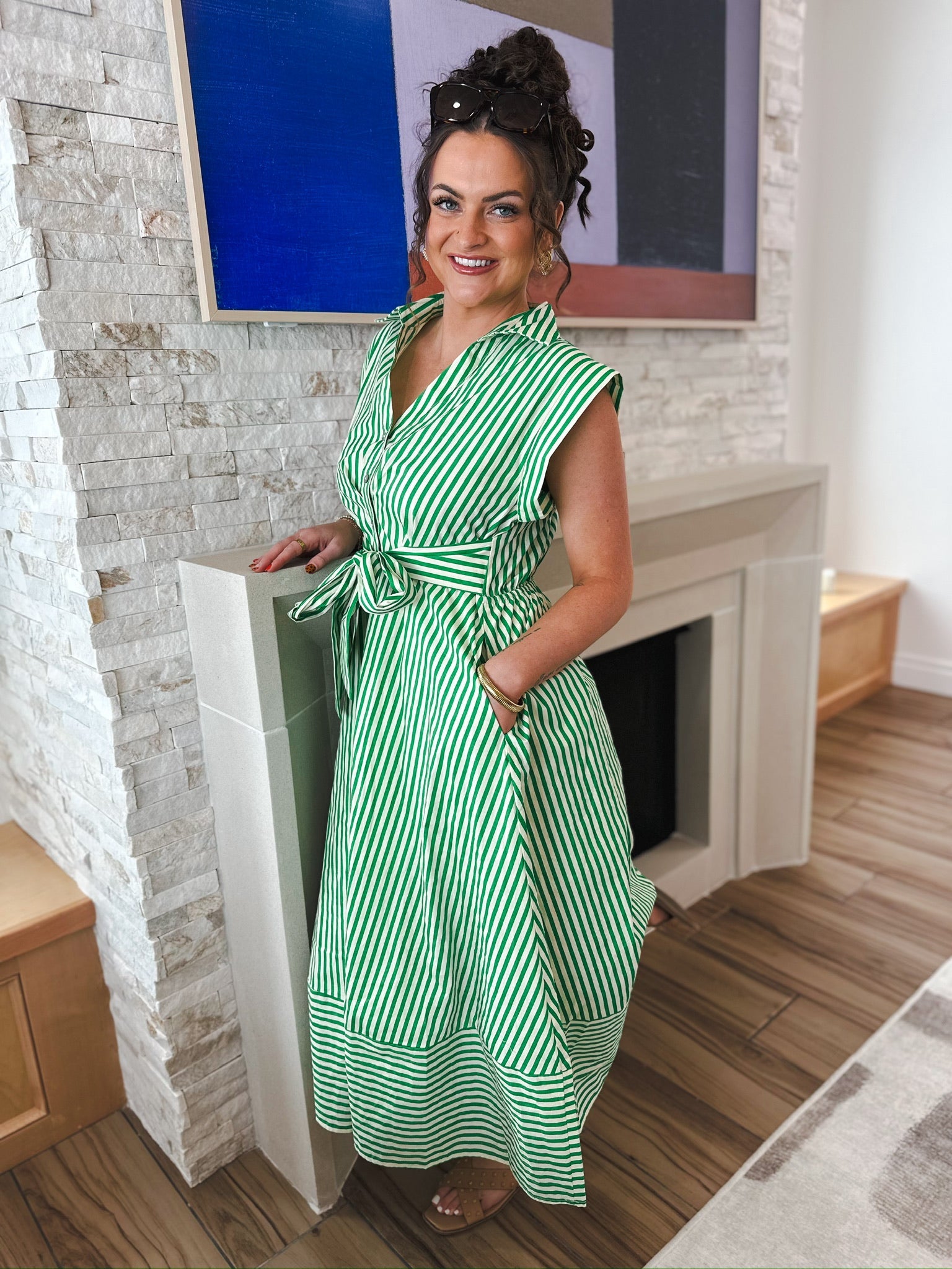 Entro Green & Cream Stripe Button Down Midi Dress - Dress