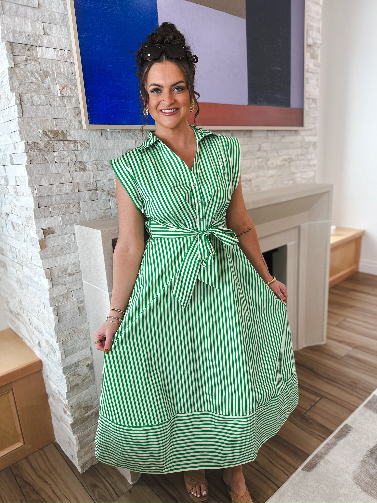 Entro Green & Cream Stripe Button Down Midi Dress - Dress