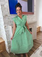 Entro Green & Cream Stripe Button Down Midi Dress - Dress