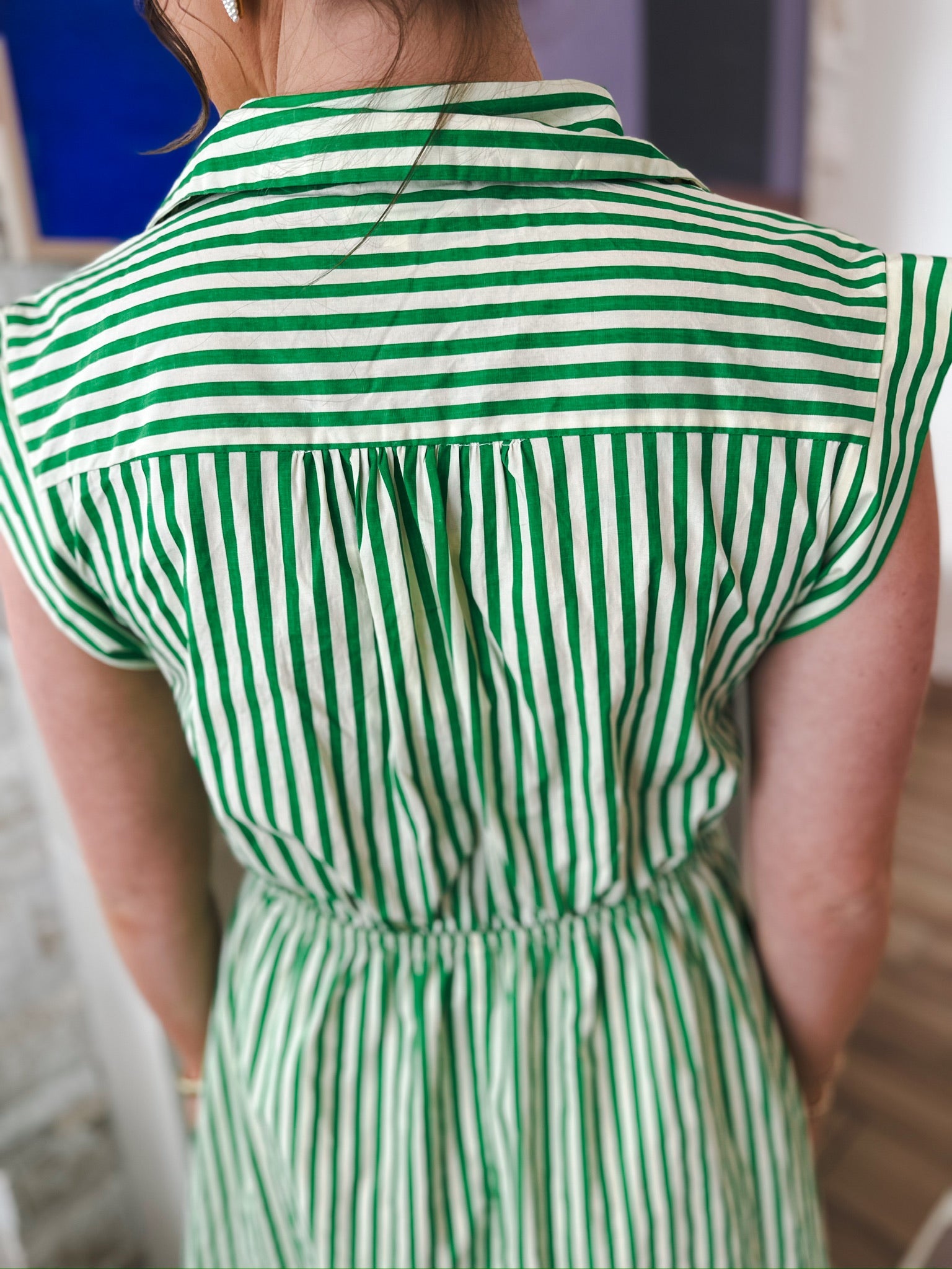 Entro Green & Cream Stripe Button Down Midi Dress - Dress